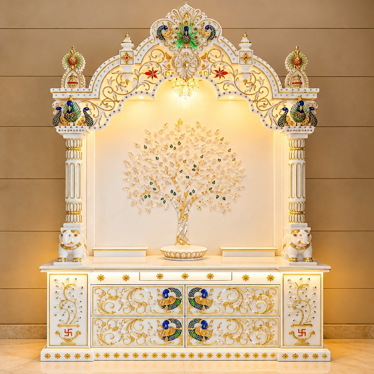 Luxury White Marble Temple with Golden Design