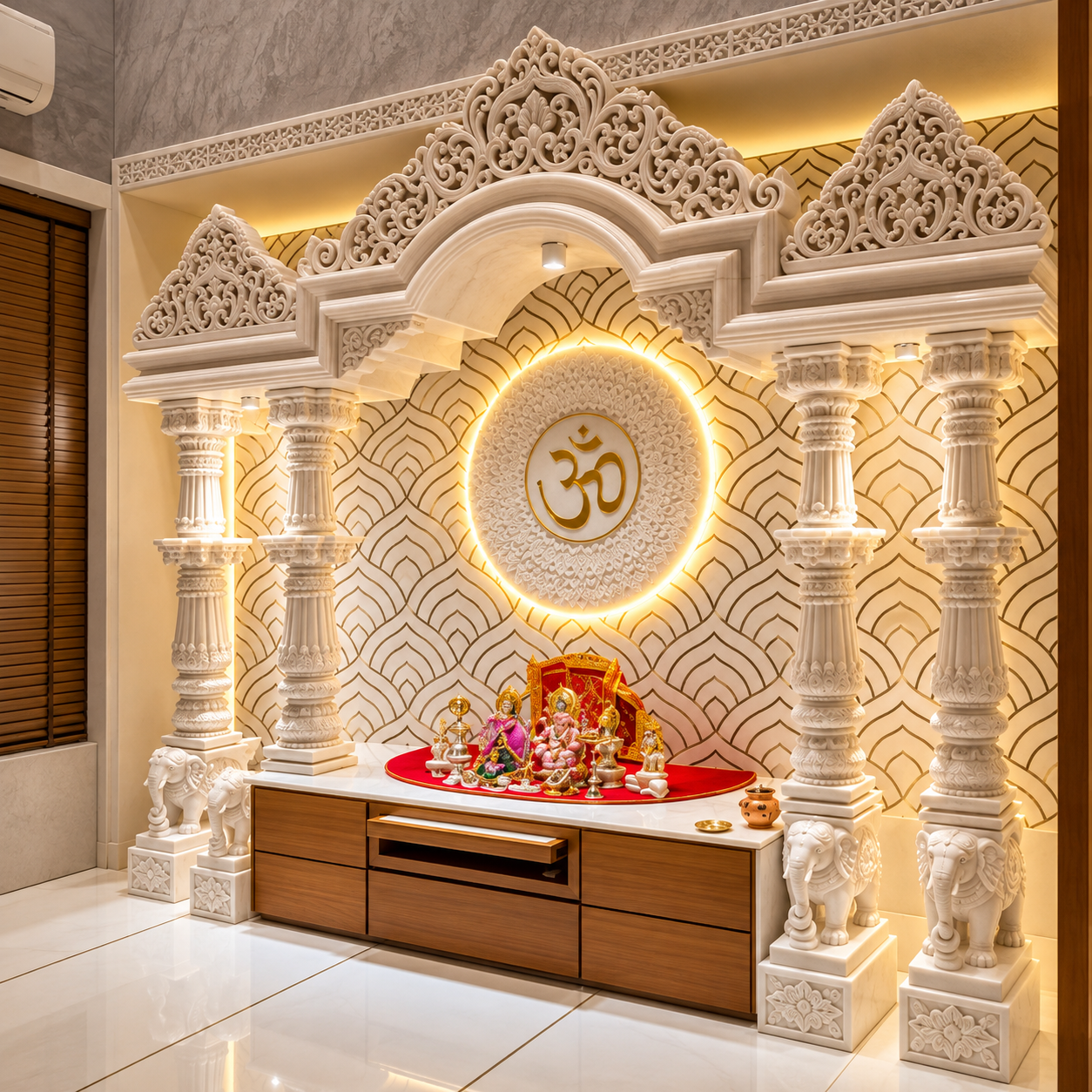 Luxury Marble Temple with Ornate Arch and Om Design