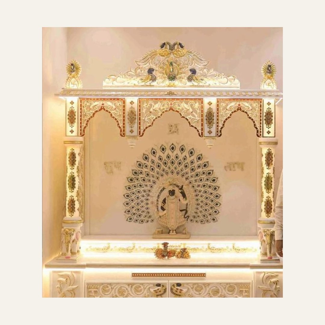 Luxury White Marble Temple with Golden Peacock Design